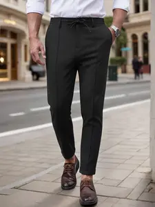 Men's Elastic Waist Drawstring Casual Pants, Office Daily Wear Nine-Quarter Pants, Comfortable and Stylish Leisure Trousers
