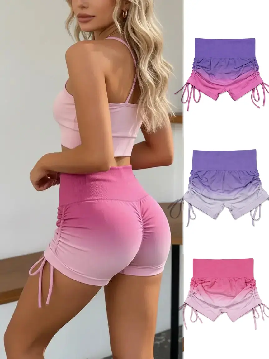 Women's Gradient High-Waist Yoga Capri Shorts - Breathable, Drawstring-Adjustable, Seamless No-Trace, Slim-Fitting Compression, Lightweight Fabric, Peach Butt Lifting, Minimalist Elegance Athleisure Wear for Yoga/Running, Active Wear, Female Stylish Cloth
