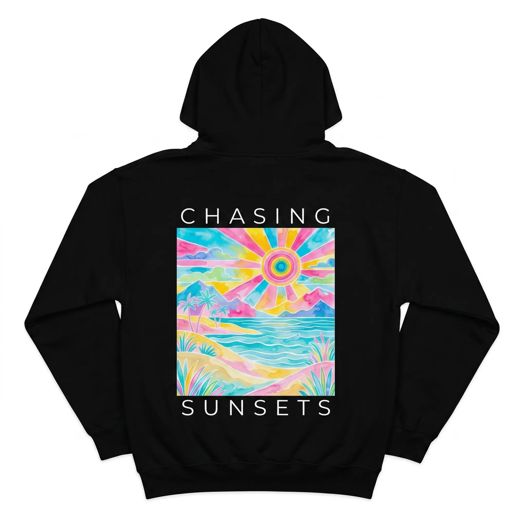 Casual Sunset Theme Back Graphic Hoodie Forever Chasing Sunsets Print Unisex Oversized Pullover Sweatshirt