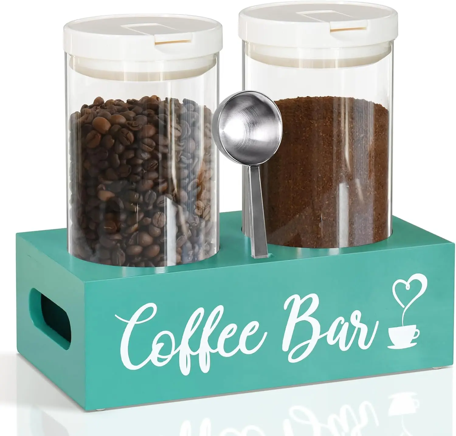 Coffee Bar Organizer with 2 Airtight Storage Jars & Scoop, Wooden Coffee Station Organizer for Coffee Beans, Ground Coffee, Sugar & Tea