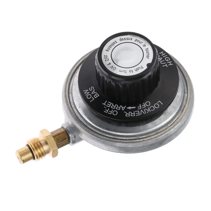 Adjustable Metal Propane Regulator Valve for Gas Grills, Low-Pressure with 1-Inch-20 Female Inlet, M12 Thread, and 1/4 Inch Barb Hose Connection for 1 lb Tanks, 1 Inch -20 Female Thread