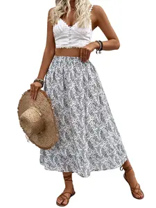 Vacation Style Bohemian Ditsy Floral Skirt, Lightweight Flowing Beach Midi Dress, High Waist A-Line Slimming Elegant Midi Skirt Womenswear