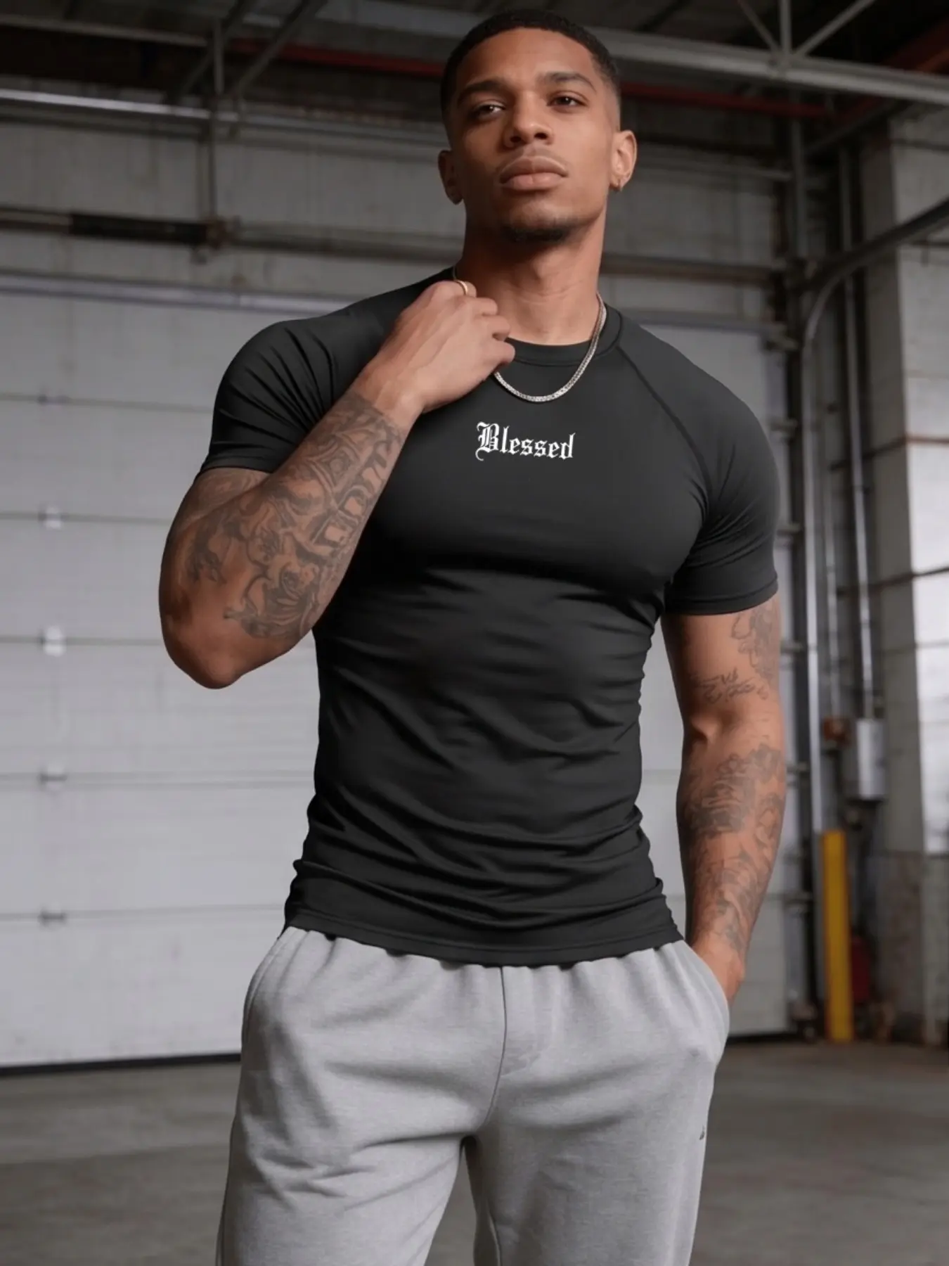 1 Pack Men's Compression Sports Black T-Shirt , Blessed Graphic Print Tight Fit Short Sleeve Muscle Shirt for Gym Workout Bodybuilding Athletic Activewear Stretchy Base Layer Top.