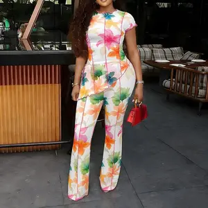 CHICME Women's 2 Piece Mesh Set Artistic Floral Print Short Sleeve Asymmetric Top and High Waisted Flare Pants Set Casual Breathable