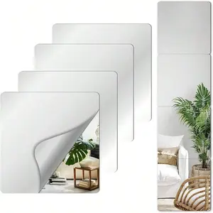 4-Piece Self-Adhesive Acrylic Mirror Set 8x8 & 12x12 Inch PMMA Material Rounded Corner Frameless Mirrors for Bathrooms Home Gyms & Home Décor