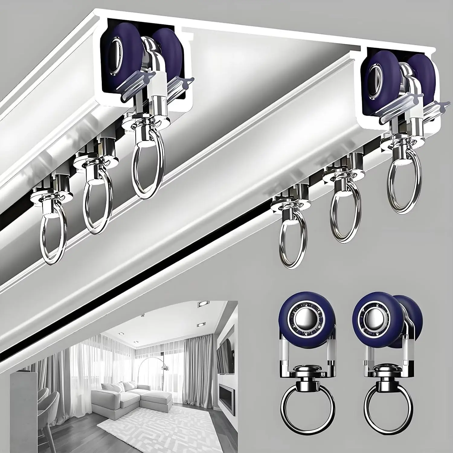 Silent Double Curtain Track Ceiling Mounted Aluminum Room Divider Rails Slider Track System for Hospital Bedroom Kitchen White 1.6m(5.2ft)