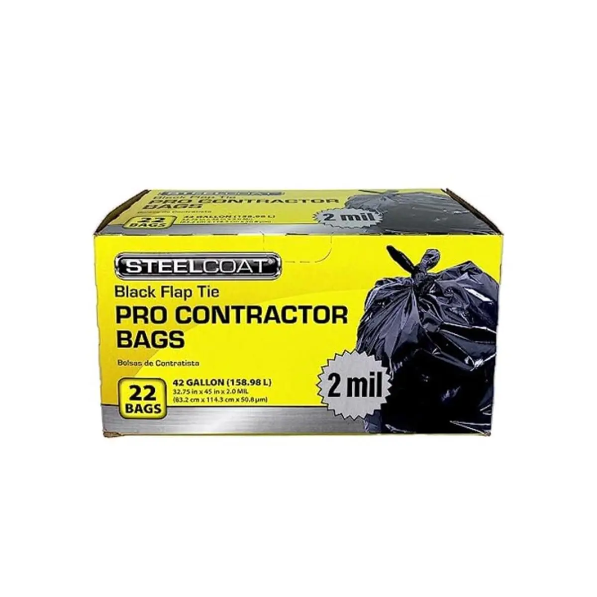 212 MAIN Durable Trash Bags, Petoskey Plastics FG-P9921-50 42-Gal 2-Mil Thick Steel Coat Black Puncture-Resistant Pro Contractor Flap Tie Bags for Heavy-Duty Jobs - 22-Count