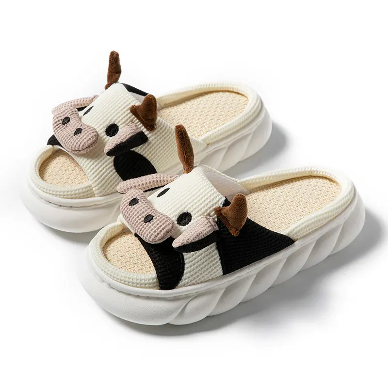 Women's Cute Cartoon Cow Cotton-Linen Sports Slide Sandals, Back to School Non-Slip Footwear, Comfortable Indoor-Outdoor Walking Shoes, Summer Kawaii House Cloud Slides