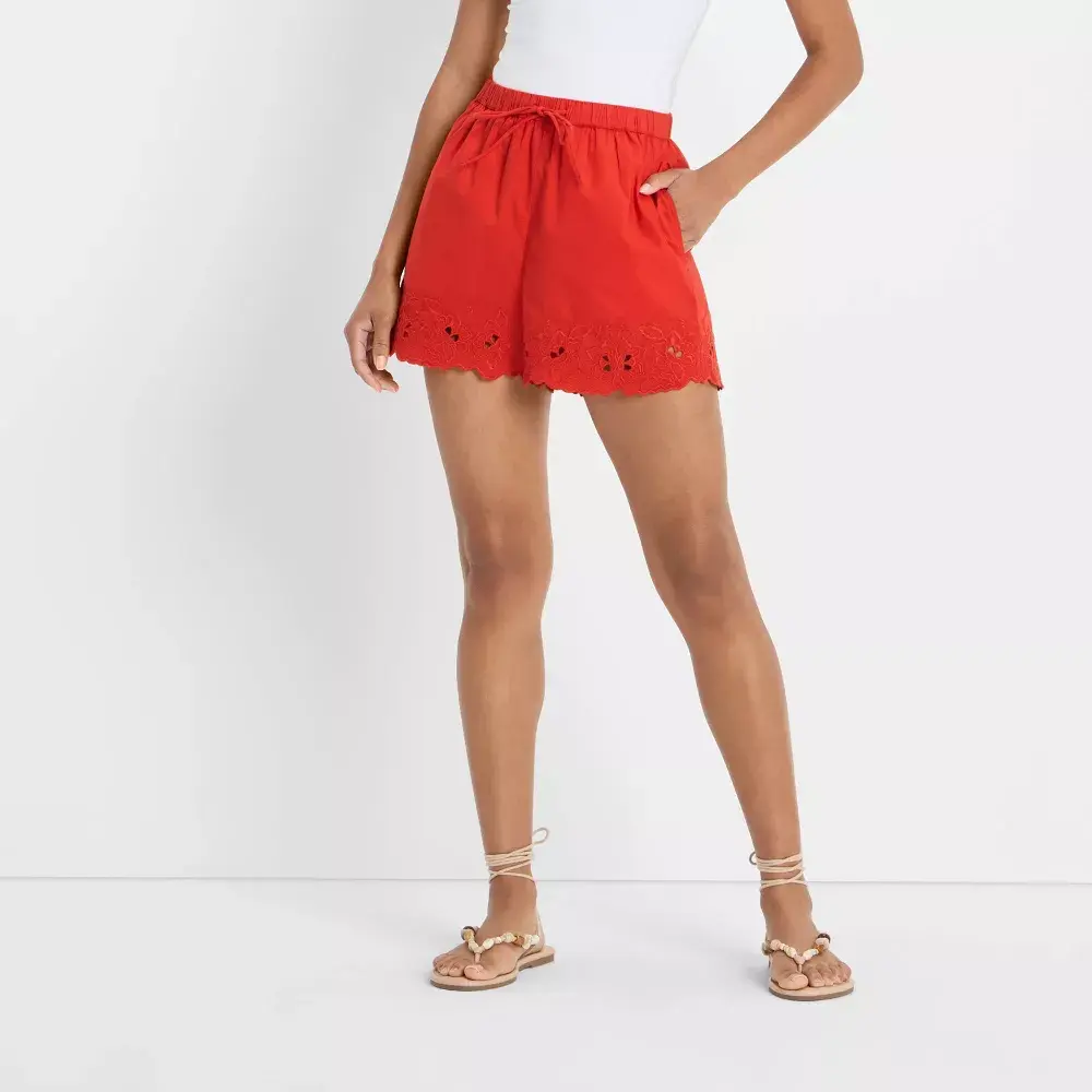 Women's High-Rise Cotton Embroidered Eyelet Hem Poplin Pull-On Bottom Shorts with Pocket, Future Collective Garment
