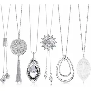 Trendy 6Pcs Long Pendant Necklaces for Women Silver Flower Tassel Disk Circle Leaf Statement Sweater Chain Y Necklace Set Fashion Jewelry  Christmas