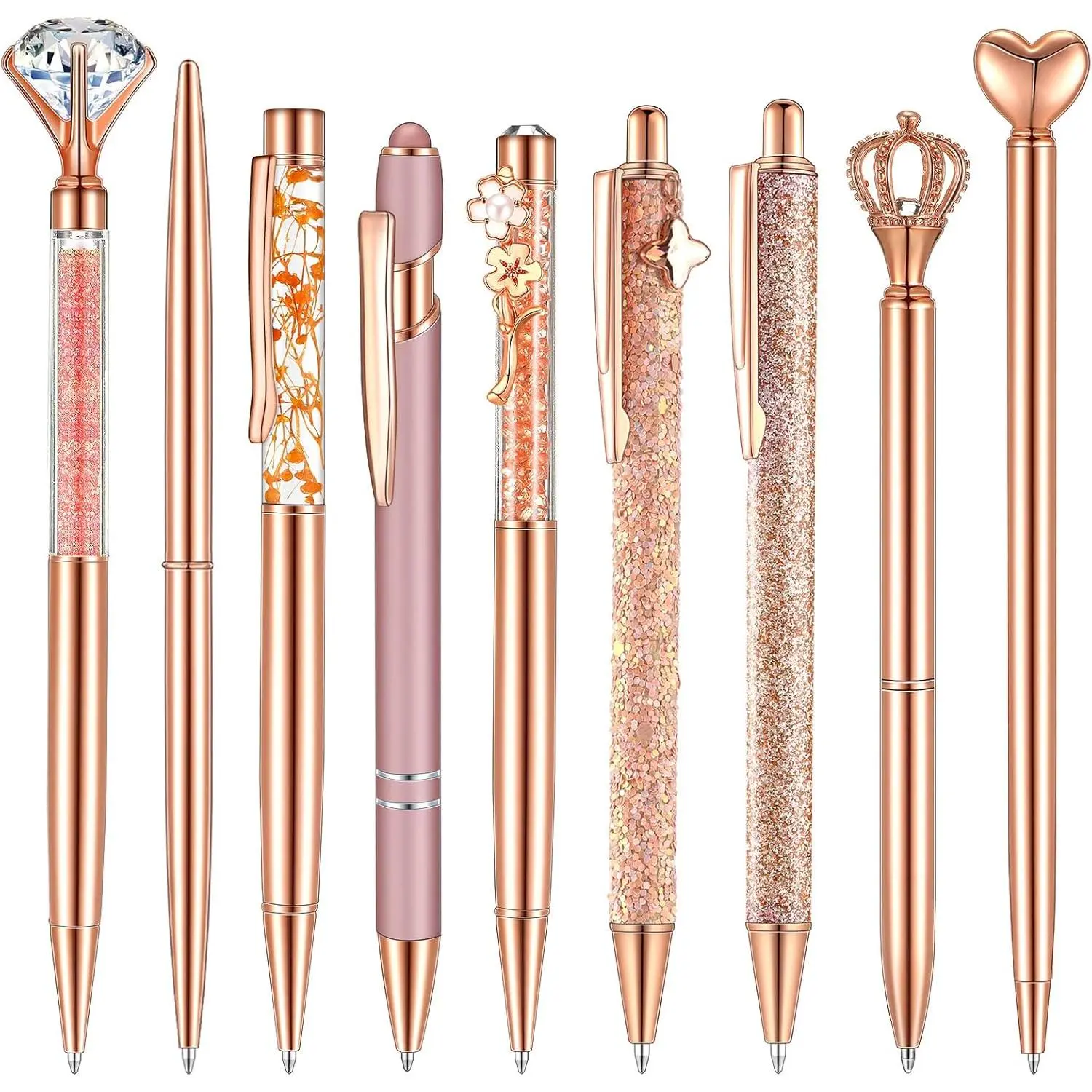 Women's 9-Count Metal-Design Rose Glitter Ballpoint Pens Set, Novelty Pens, Office Stationery Writing Tools for Journaling, Christmas Gifts, Bridal Shower Presents, Glitter Ballpoint Pen