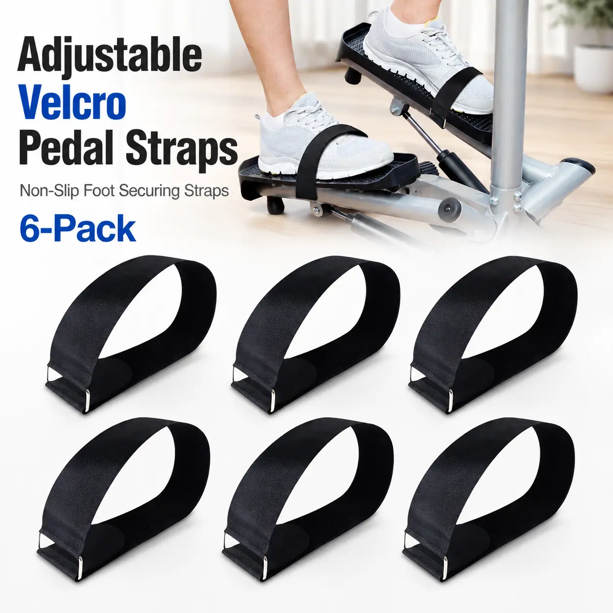 6-Pack Adjustable Velcro Pedal Straps - Non-Slip Foot Securing Straps for Steppers, Ellipticals & Home Gym Equipment