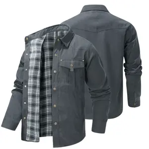 Men's Solid Color Shirt Collar Multi-Pocket Workwear Buttoned Jacket with Plaid Lining Flap Pockets & Sleeve Buttons Casual Vintage Style Coat