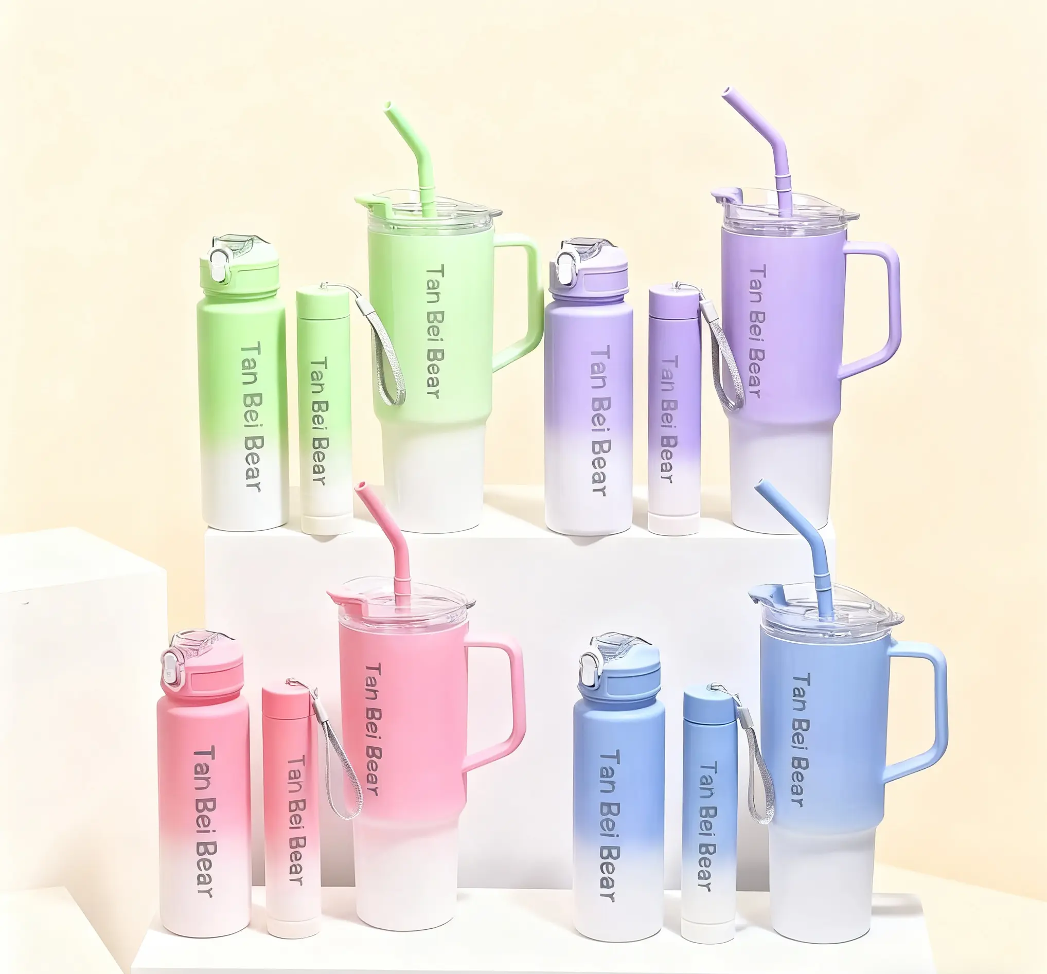 Tan Bei Bear 3 Pcs Ombre Tumblers Stylish Lightweight 3 Sizes with Lids in Pastel Colors Perfect for Daily Use Large Stainless Steel Skull Tumbler with Handle Insulated Leak-Proof Coffee Mug 3D Inflated Drinkware Reusable Coffee Water Cup christmas gift