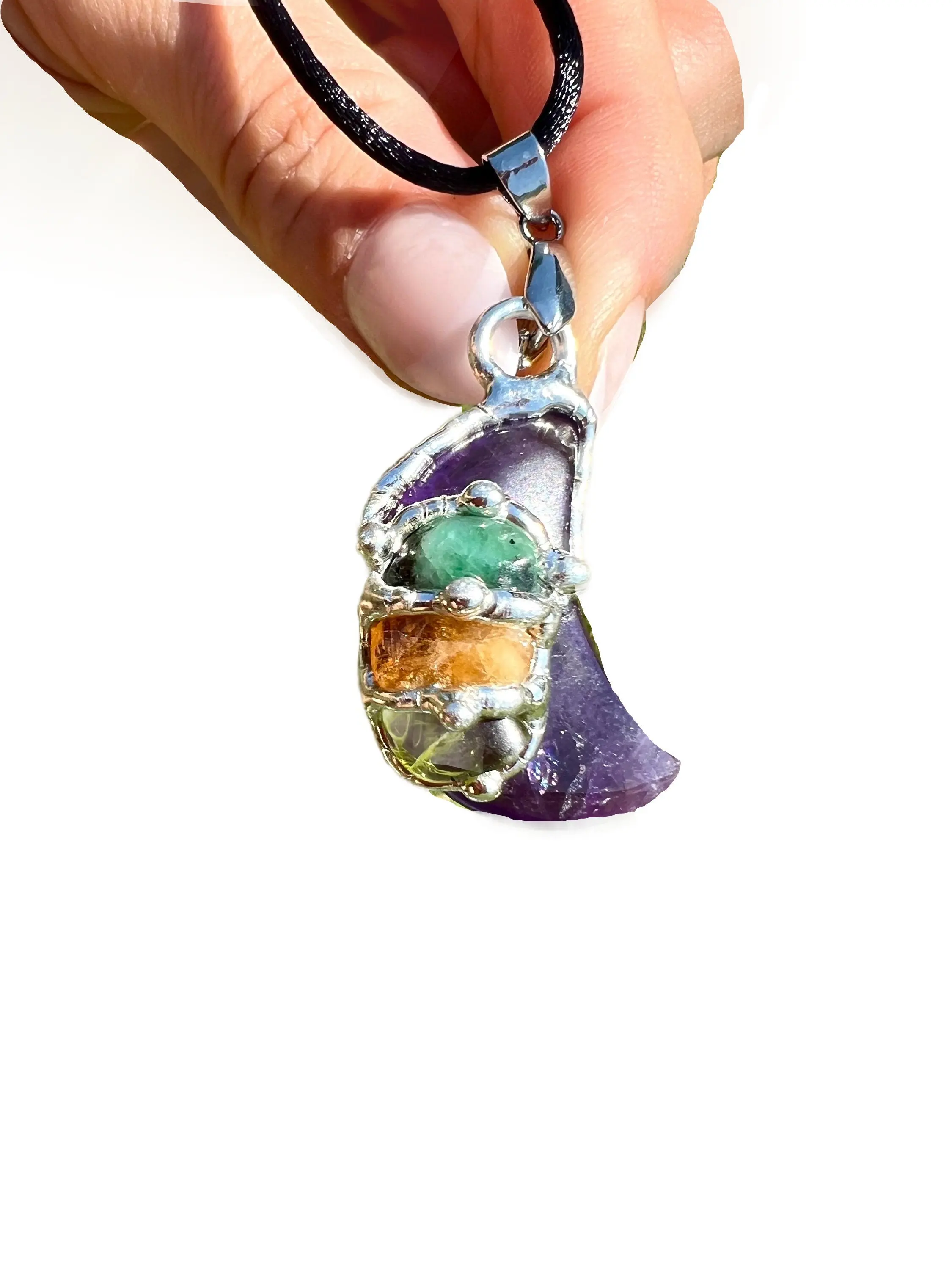 Abundance & Prosperity Moon Amulet Pendant with Black Satin Cord, Amethyst, Emerald, Citrine, Peridot