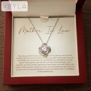 Mother-in-Law Necklace Gift from Daughter-in-Law – Four Leaf Clover Cubic Zirconia Pendant Necklace with Message Card & LED Wooden Gift Box, Stainless Steel Jewelry for Mother’s Day, Birthday, Christmas Gift – Veyla