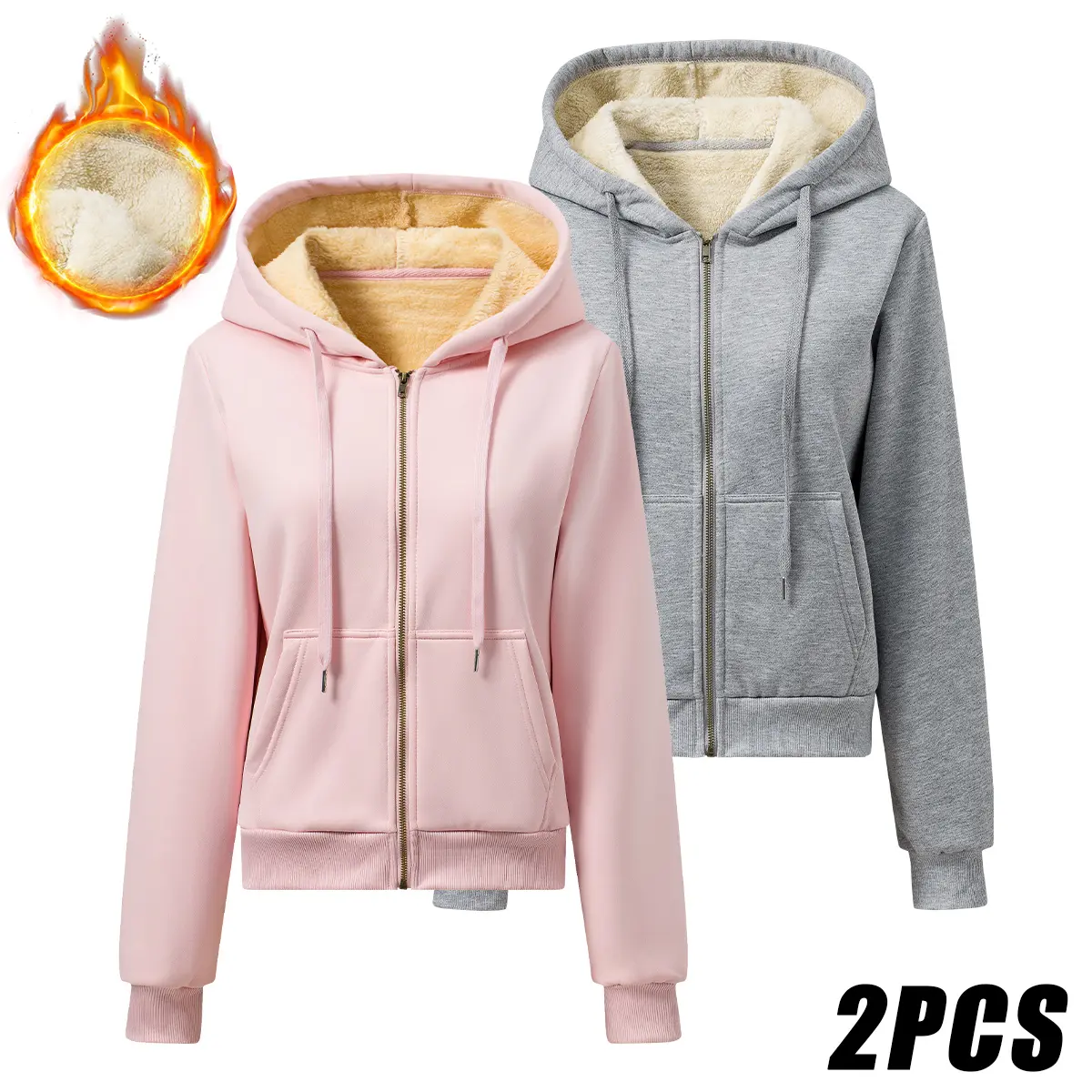 Women's 2-Pack Basic Long Sleeve Casual Hooded Sweatshirts, Solid Color Short Length, Fleece Liner for Warmth & Stylish Look, Suitable for Everyday Wear & Sports Outings, Women's Clothes