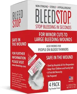 BleedStop First Aid Powder for Blood Clotting, Trauma Kit, Blood Thinner Patients, Camping Safety, and Survival Equipment for Moderate to Severe Bleeding Wounds or Nosebleeds - 4 (15g) Pouches