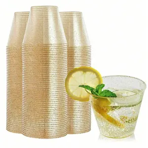 10/20/30pcs 9 oz Gold Plastic Cups, Clear Hard Plastic Cups, Plastic Cocktail Glasses, Gold Glitter, Heavy Duty, For Beer, Cocktail, And More - Perfect Birthday, Wedding, Seasonal Celebrations, Party Supplies