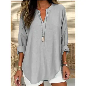 2025 Plus-Size Women’s V-Neck Cotton-Linen Pure Shirt