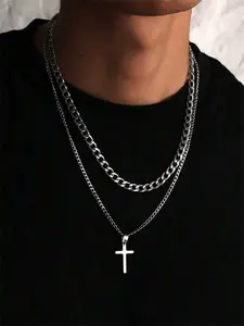 Men's Stainless Steel Cross Pendant Necklace Set, Vintage Style Rectangular Chain, Perfect Gift for Boyfriend or Father's Day, Daily Wear Jewelry