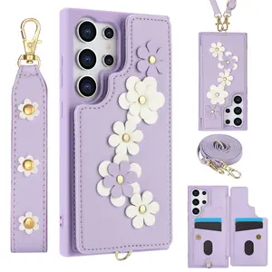 Flower Pattern Protective Phone Case with Card Holder & Lanyard, Anti-drop Phone Case with Long & Short Strap, Phone Accessories for Samsung Galaxy S26 S25 S24 S23 S22,Ultra Shockproof