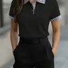 Women's Casual Slim Collared Polo Shirt, with Contrast Patchwork Design, Comfortable Top for Everyday Wear, Womens Shirts