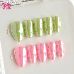 Pink Lime Polka Dot Handmade Press-On Nails | Short Almond Shape, 10pcs | Fresh Pastel Color Block Design | Glossy Round Dot Finish | High Transparency Acrylic for Natural Look | Reusable DIY Nail Kit | Trendy Nails for Spring & Summer | Cute Girly Style