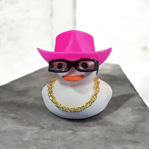 White Rubber Duck with Pink Cowboy Hat, Black Glasses, and Gold Chain