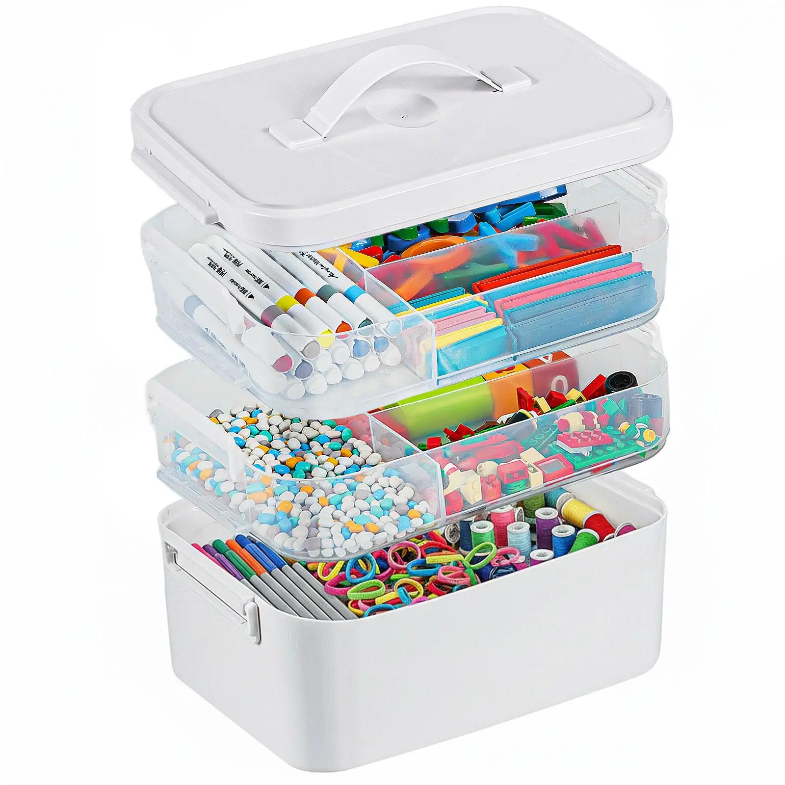 10.4 Inch Three-Layer Handmade Storage Box, Detachable Tray, Lidded Plastic Organizer, Desktop Storage Organizer, Multi-Use for Art Supplies, Beads, Nail Polish, Tape, Craft Organizer Box