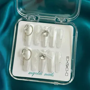 Myokii Nails Snow - Elegant White Press-On Nails with Rhinestones and Bow Design for XS, S, M, L Sizes