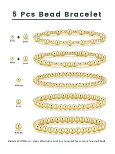 5 Pcs Set Gold Bracelet for Women Waterproof, 14K Gold Plated Beaded Strand Bead Ball Bracelet Stackable Bracelet stack Adjustable fit Jewelry Set for Gifts(7 inches Gold & Silver Color)