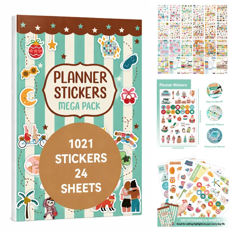 1021 Pcs 24 Sheets Functional Planner Sticker Book (Single/Bundle) - ADHD Friendly All-Year Holiday, Daily Routine & Calendar Organizer Decals for Adult Bujo Mega Pack