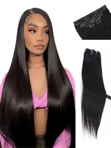100% Human Hair Clips in Hair Extension 100g/3.6oz  Natural Black 8 Pieces per Set with 18 Clips 10-26 Inches Human Hair Extensions