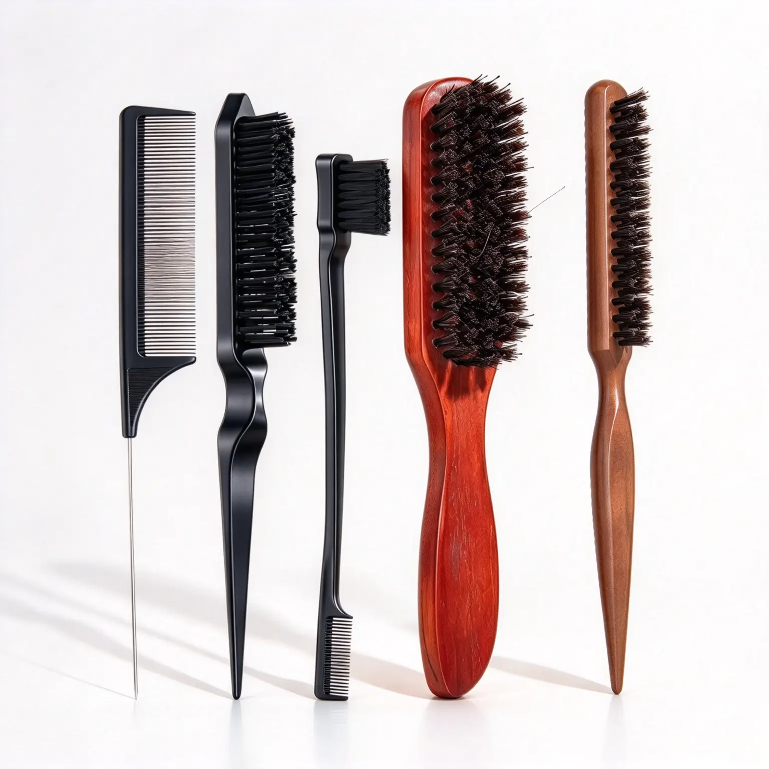 5-Pcs Hair Styling Tool Set | Wooden Bristle Brushes + Black Combs | Professional Salon Kit for Slick Back, Waves, Parting & Grooming