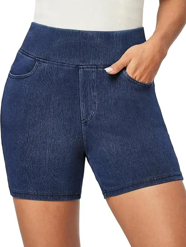SPANFLEX Stretchy Jean Shorts for Women Pull On High Waisted Tummy Control Jorts with Pockets Denim Shorts Women Summer Casual Shorts Womenswear, Bottom, Fits, Lightweight, Streetwear, Basic, Minimalist