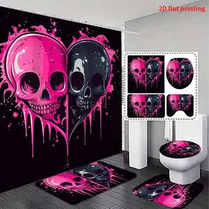 1/4pcs, Valentine's day Skull Heart 2D FLAT Shower Day of the dead gift Curtain Set with Matching Bath Mat and Toilet Lid Cover - Non-Slip Absorbent Bathroom Rugs Exquisite and practical home decoration gift., 2D Flat