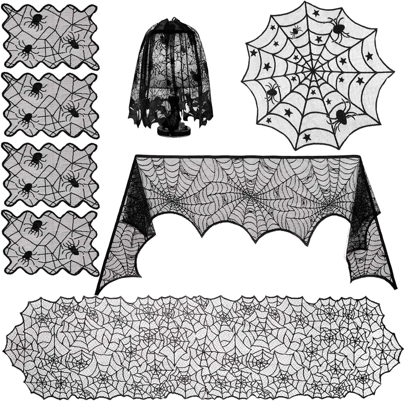 8 Pack Halloween Spider Cobweb Lace Tablecloth Set,Fireplace Mantel Scarf & Lace Table Runner & Round Table Cover & Spider Lampshade & Rectangular Placemat for Halloween Party Decorations