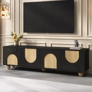 [SOIYELIFE] Farmhouse TV Stand with Cable Holes for TVs up to 75", Cream Style Media Console with Rebound Device, Elegant Entertainment Center with 5 Solid Wood Legs for Living Room, Bedroom, Black, 69.6"W Cool furniture