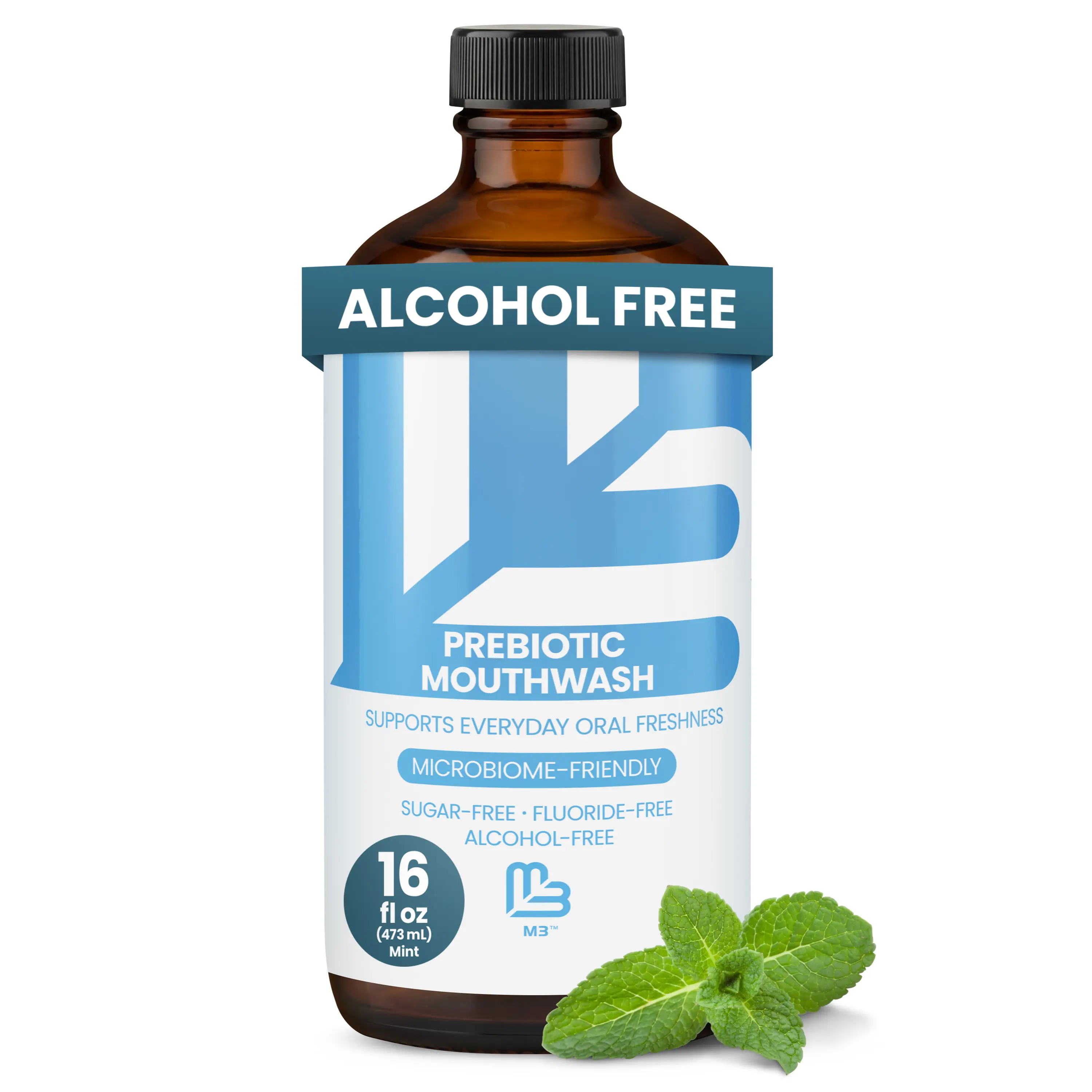 m3 naturals Prebiotic Mouthwash for Gum Support, Gentle Alcohol-Free & Fluoride Free Oral Rinse, Fresh Mint, 16 fl oz, Natural Mouthwash, Fresh Breath Mouthwash