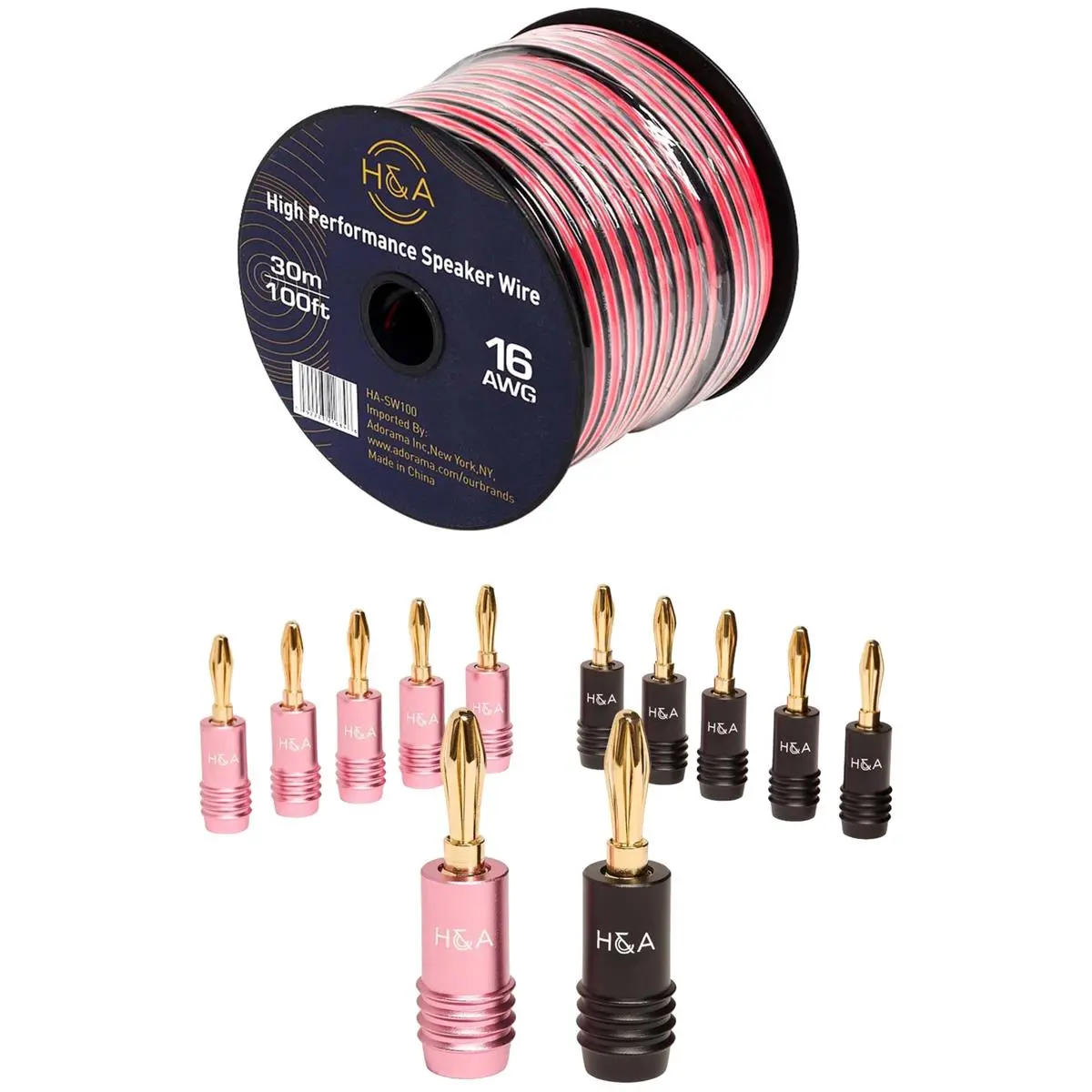 H&A 16 AWG Durable Copper Core Speaker Wire Cable (100' Spool) Audio Accessory Bundle, Includes 6 Pairs of H&A Speaker Connection Banana Plug Connectors