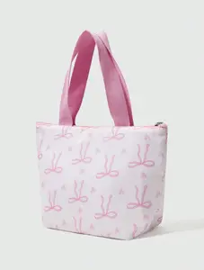 ROMWE Kawaii Bow Design Fashionable Kawaii Lunch Bag Large Capacity Insulated Portable Tote with Pink Handles and Bow Pattern