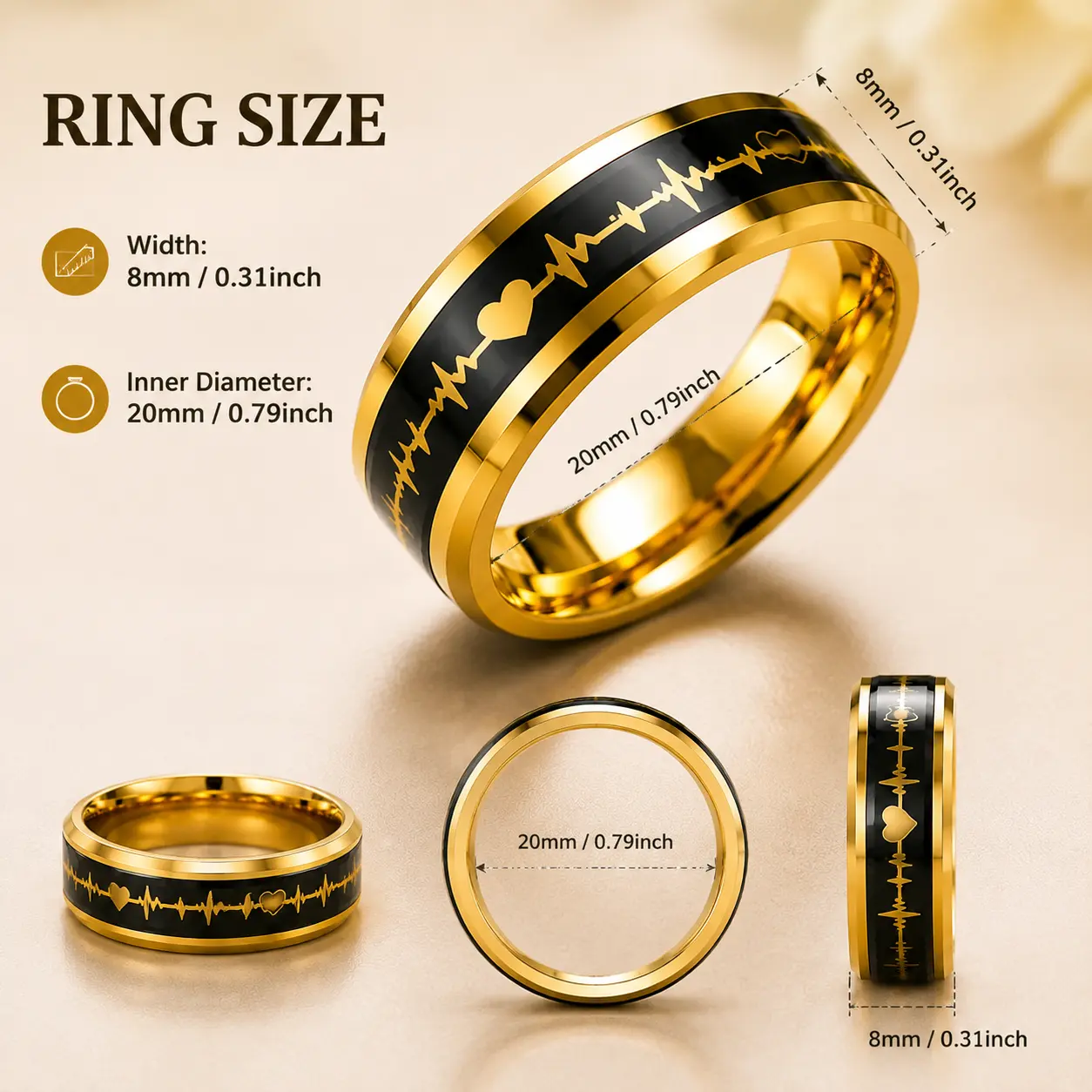 Stainless Steel Heartbeat Pulse Ring ECG Wave Band 8mm Width Christmas Thanksgiving Sale Gift for Men Women Couple Black Gold Anniversary Holiday Jewelry,Sterling,Adjustable,chrome heart,marquise,spinner,starfish