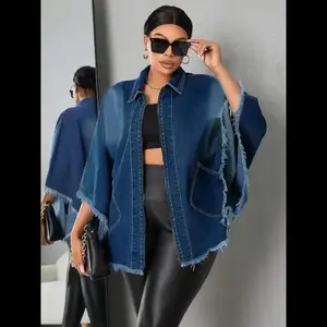 Plus Size Women's Denim Jacket Distressed Sleeve Jean Jackets Coat, Denim Poncho Jacket with Fringe Trim Detailing, Batwing Sleeves Fall Clothing