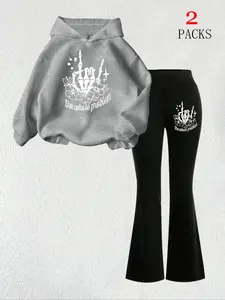 Women's Floral Skull Graphic Warm Sweatshirt + Slim Fit Comfortable Flare Pants Set, Casual Fall Winter, Kangaroo Pocket Design