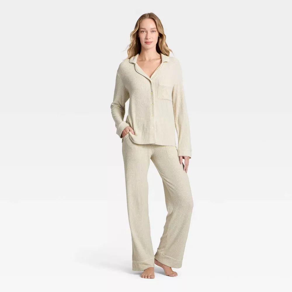 Women's Cozy Ribbed Notch Collar Long Sleeve Shirt and Pants Pajama Set - Auden Women's Cozy Ribbed Notch Collar Long Sleeve Shirt and Pants Pajama Set - Auden