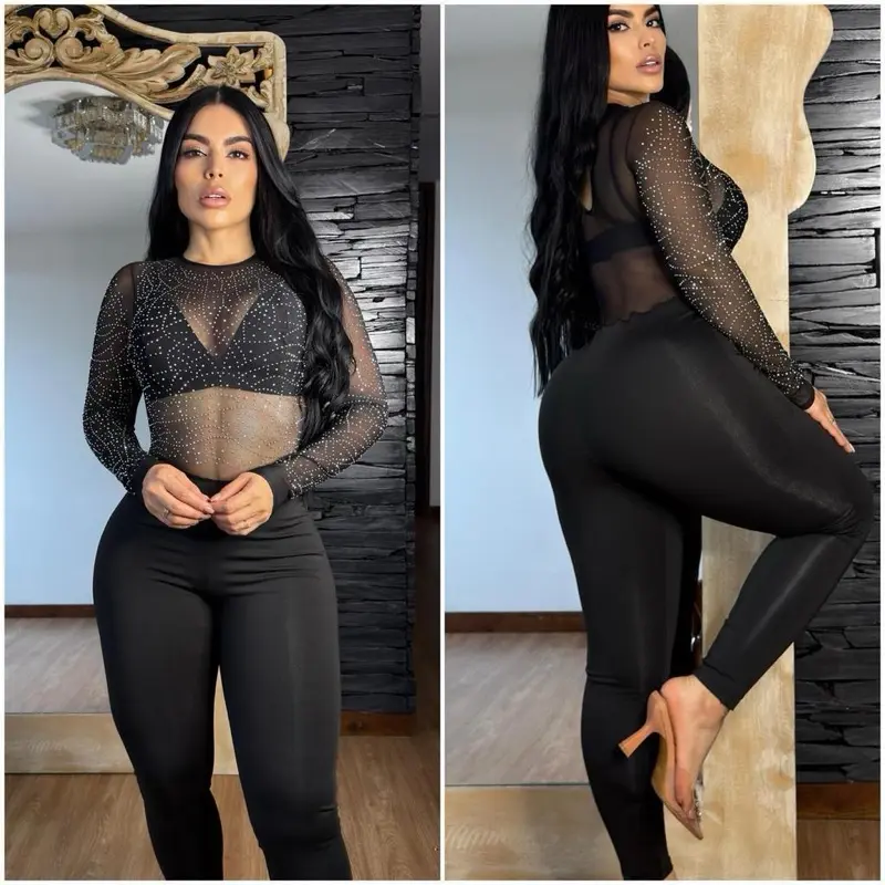(B4325) Colombian Suplex Rhinestone Jumpsuit Set (Includes Top) – One Size Fits S/M/L