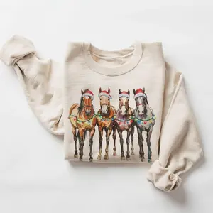 Retro Santa Hat Horses Christmas Sweatshirt - 90s Christmas Lights Equestrian Horse Lover Sweater - Boho Unisex Cotton