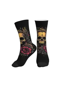 1 Pair Golden Skull & Floral Print Crew Socks, Dark Retro Gothic Style, Breathable & Skin-Friendly, For Trendy & Edgy Individuals & Daily Wear / Festival Outfits