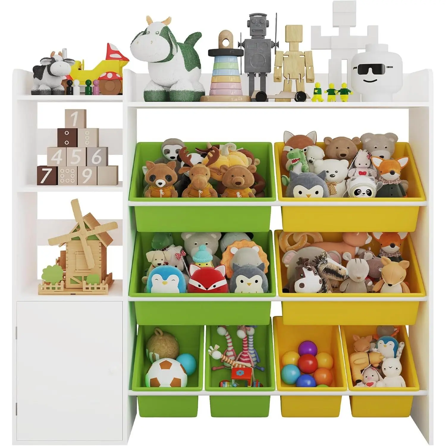 8-Bin Wooden Toy Organizer and Bookshelf, 4-Tier Kids Storage Shelf with Open Shelves, Removable Bins and Book Slots for Toys, Books, Crafts and Puzzles, Playroom and Bedroom Organizer for Boys and Girls